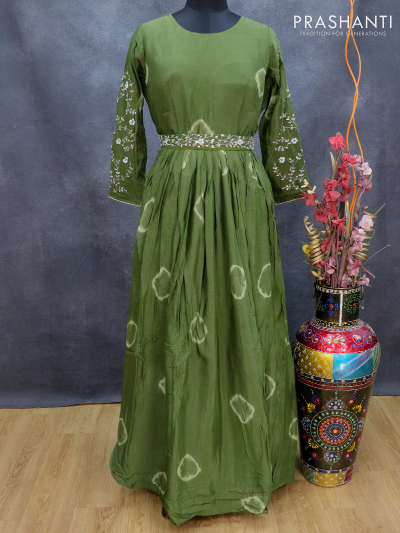 Chanderi readymade floor length cancan dress green with allover batik prints & hip belt without pant