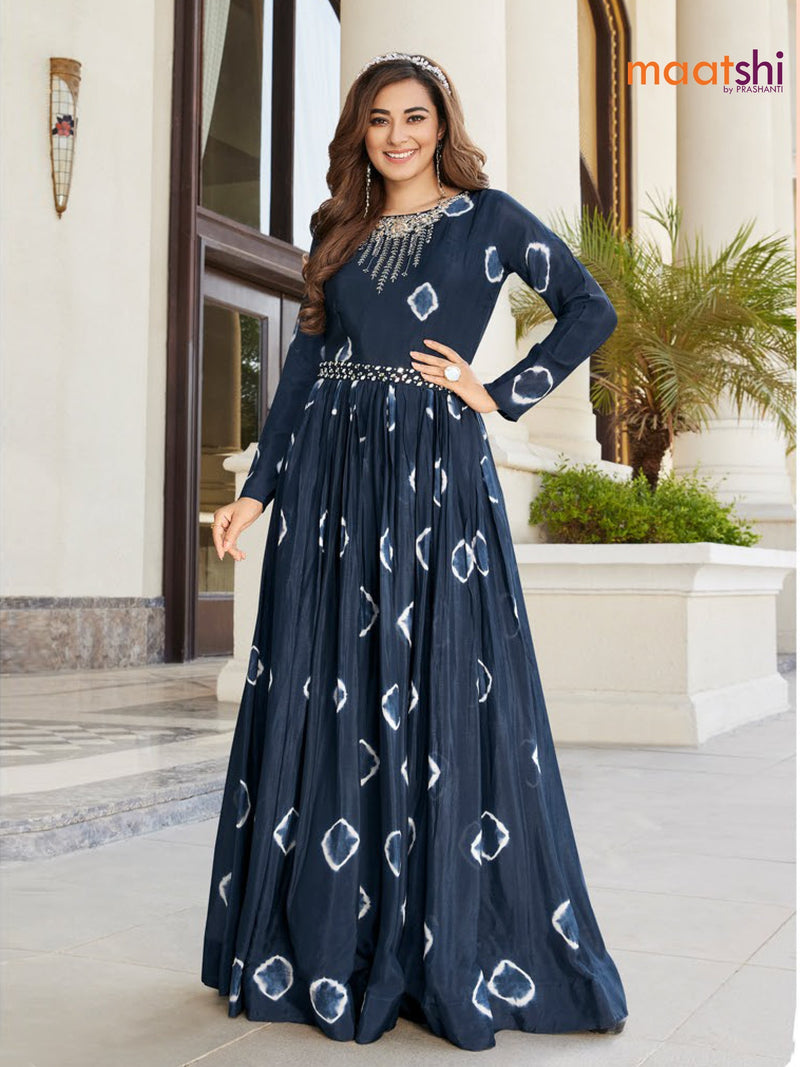 Chanderi readymade floor length cancan dress navy blue with allover batik prints & hip belt embroidery neck pattern without pant