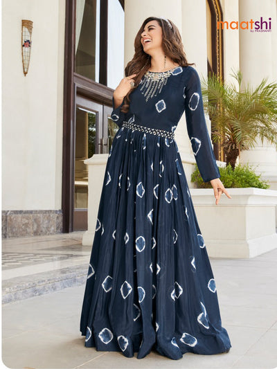 Chanderi readymade floor length cancan dress navy blue with allover batik prints & hip belt embroidery neck pattern without pant