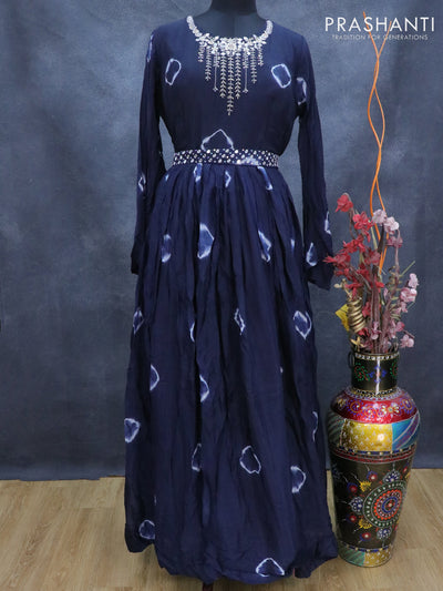Chanderi readymade floor length cancan dress navy blue with allover batik prints & hip belt embroidery neck pattern without pant