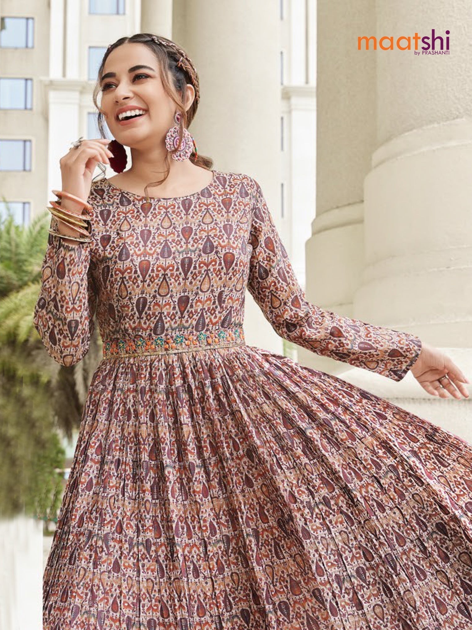Muslin readymade floor length cancan dress multi colour with allover prints & hip belt without pant