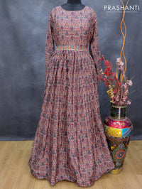 Muslin readymade floor length cancan dress multi colour with allover prints & hip belt without pant