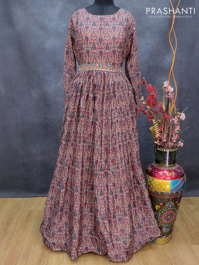 Muslin readymade floor length cancan dress multi colour with allover prints & hip belt without pant