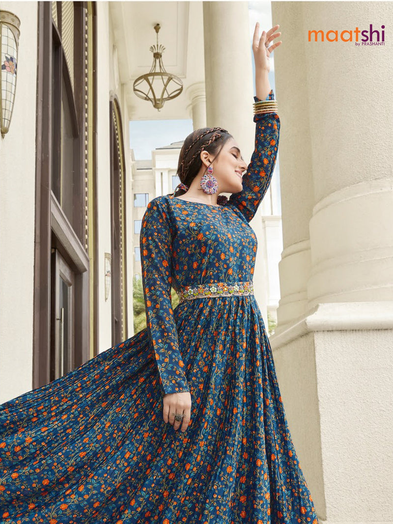Muslin readymade floor length cancan dress blue with allover floral prints & hip belt without pant
