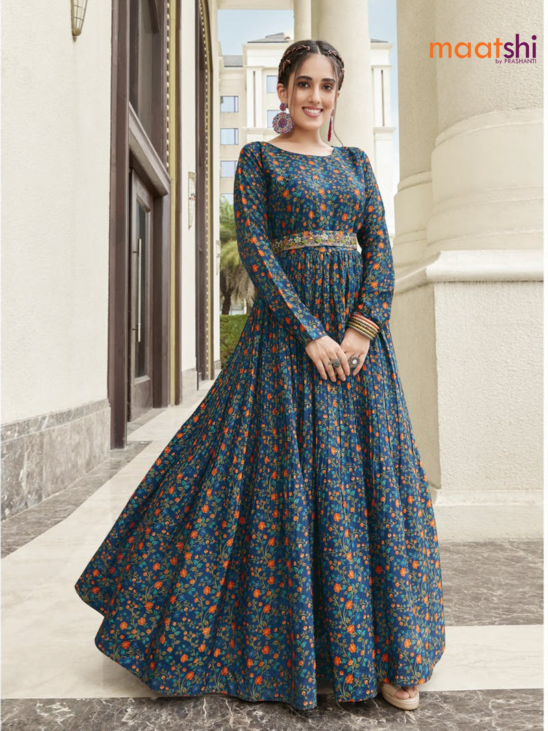 Muslin readymade floor length cancan dress blue with allover floral prints & hip belt without pant