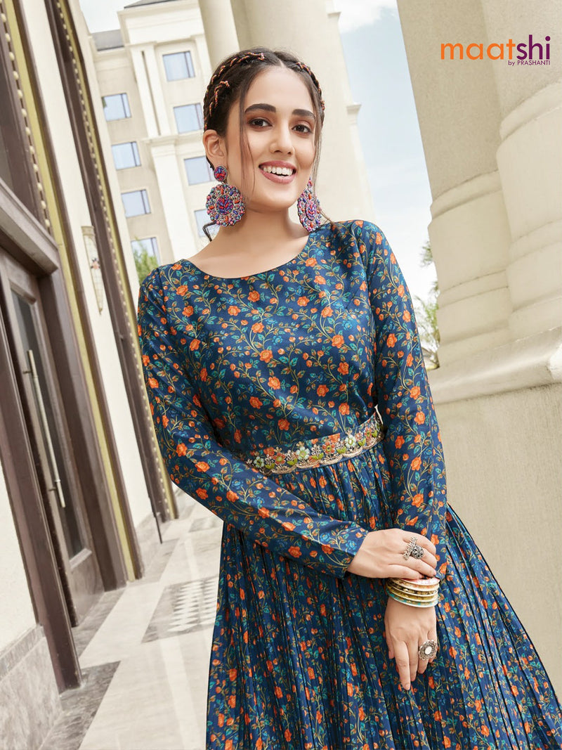 Muslin readymade floor length cancan dress blue with allover floral prints & hip belt without pant
