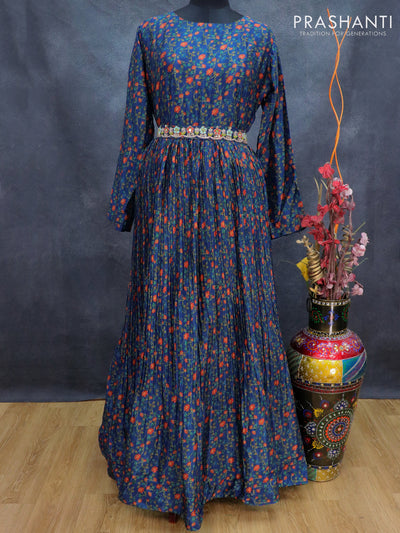 Muslin readymade floor length cancan dress blue with allover floral prints & hip belt without pant