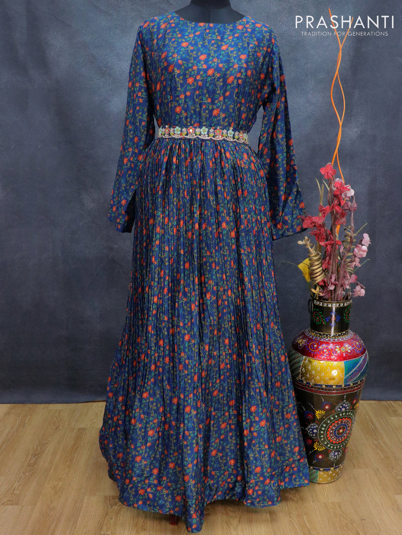 Muslin readymade floor length cancan dress blue with allover floral prints & hip belt without pant