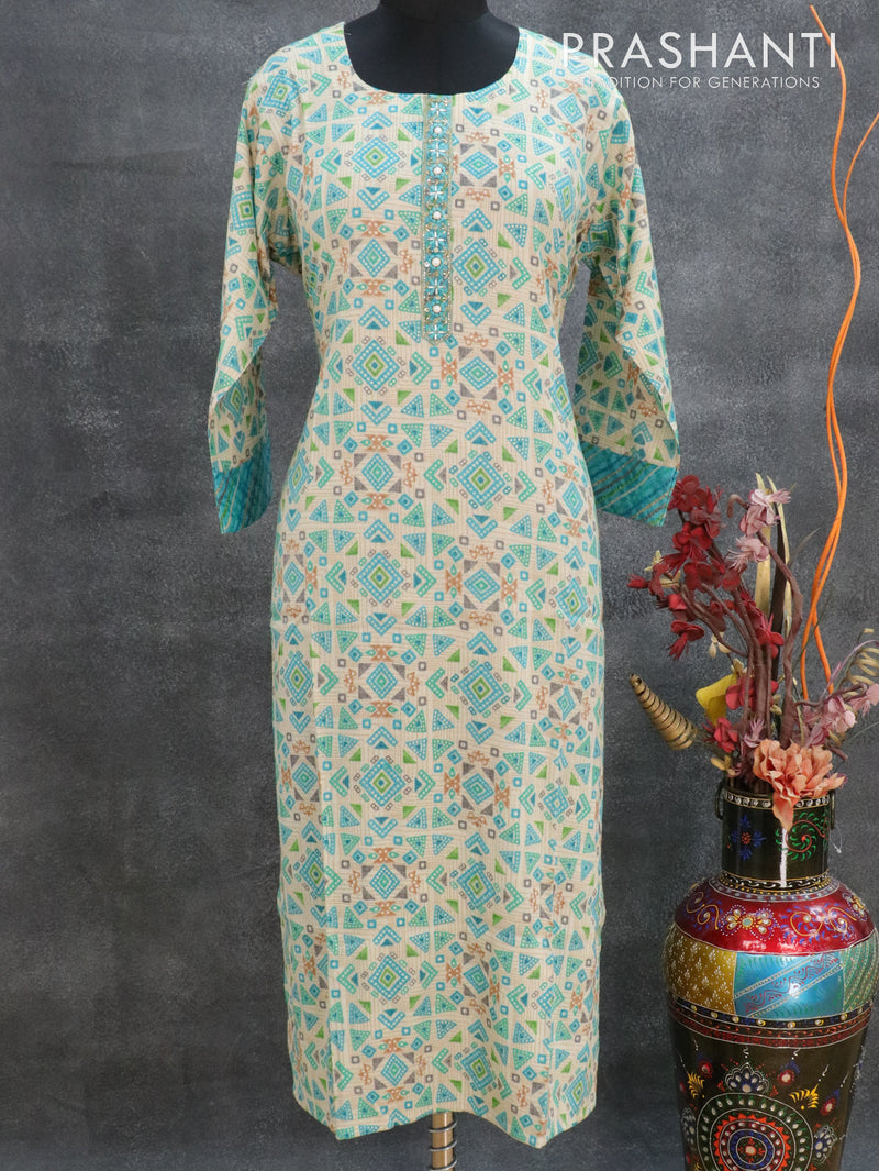 Slub cotton readymade kurti cream and teal blue with geometric prints beaded& embroided neck pattern and straight cut pant