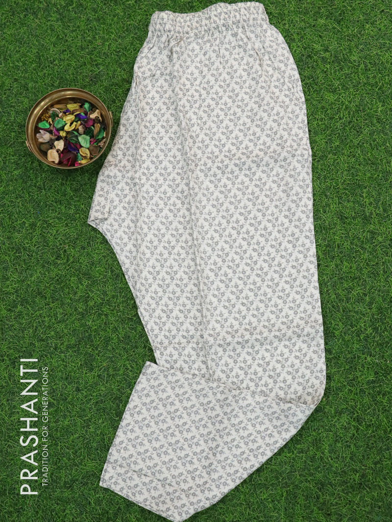 Slub cotton readymade kurti off white and grey with allover prints mirror & embroided neck pattern and straight cut pant