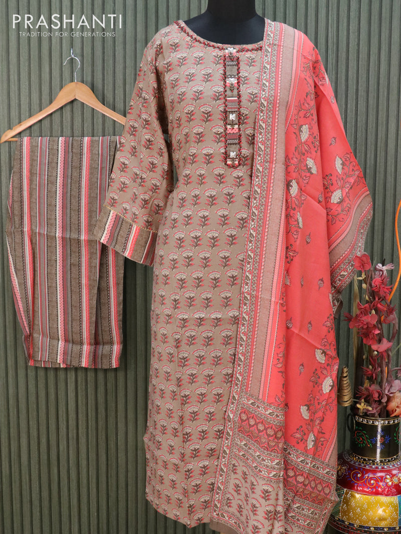 Modal readymade kurti brown and peach orange with floral butta prints beaded neck pattern and straight cut pant & dupatta