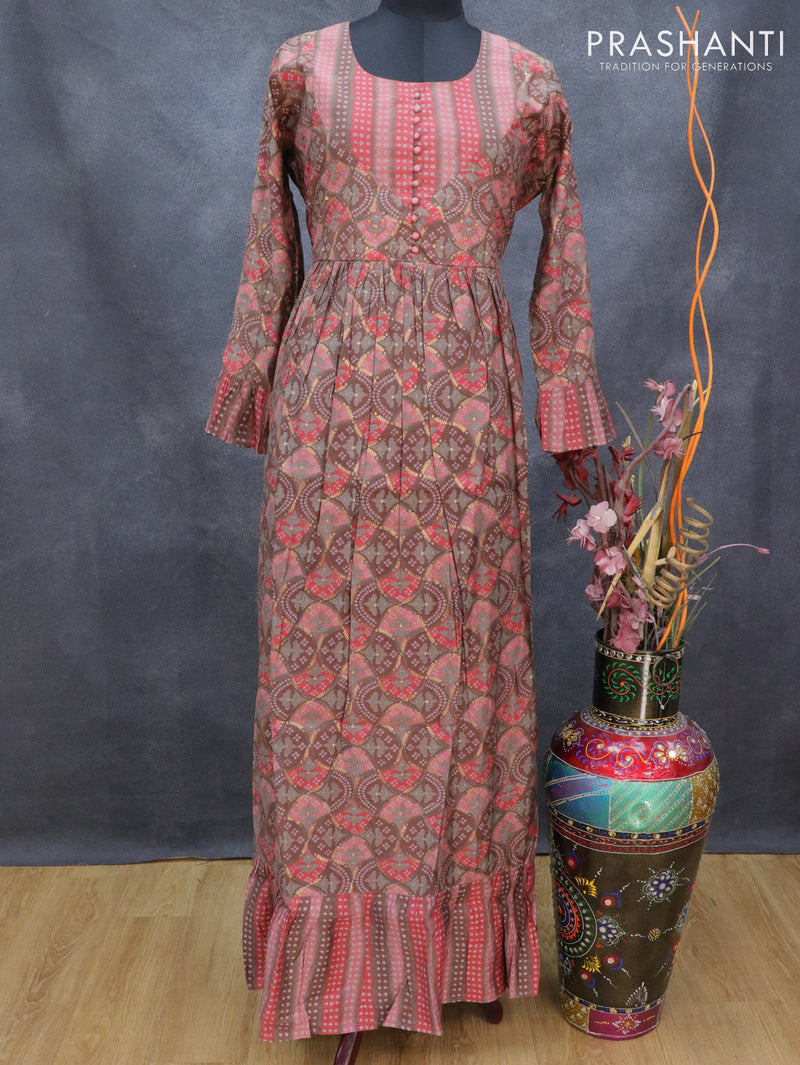 Muslin readymade floor length cancan dress brown and pink shade with allover prints & patch work neck pattern without pant