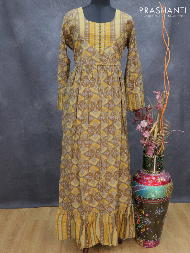 Muslin readymade floor length cancan dress yellow shade and brown with allover prints & patch work neck pattern without pant
