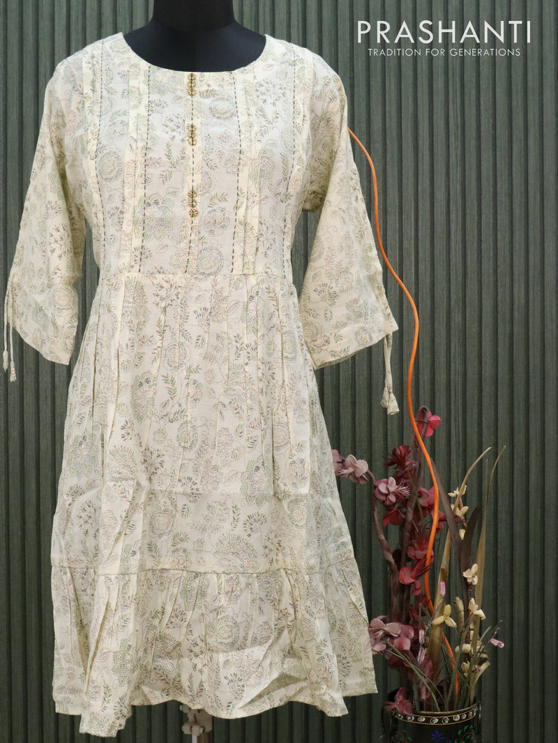 Slub cotton readymade kurti off white and green shade with allover prints without pant