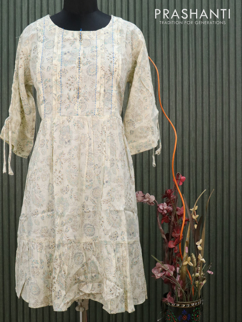 Slub cotton readymade kurti off white and blue shade with allover prints without pant