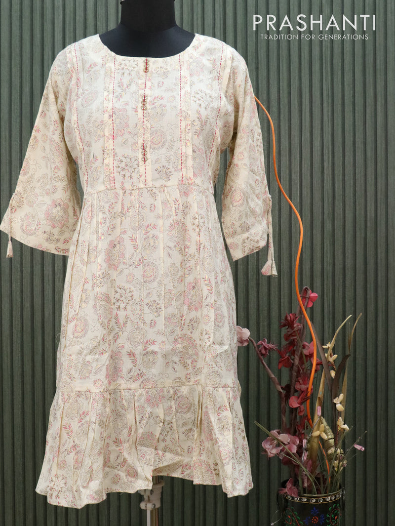 Slub cotton readymade kurti off white and pink shade with allover prints without pant