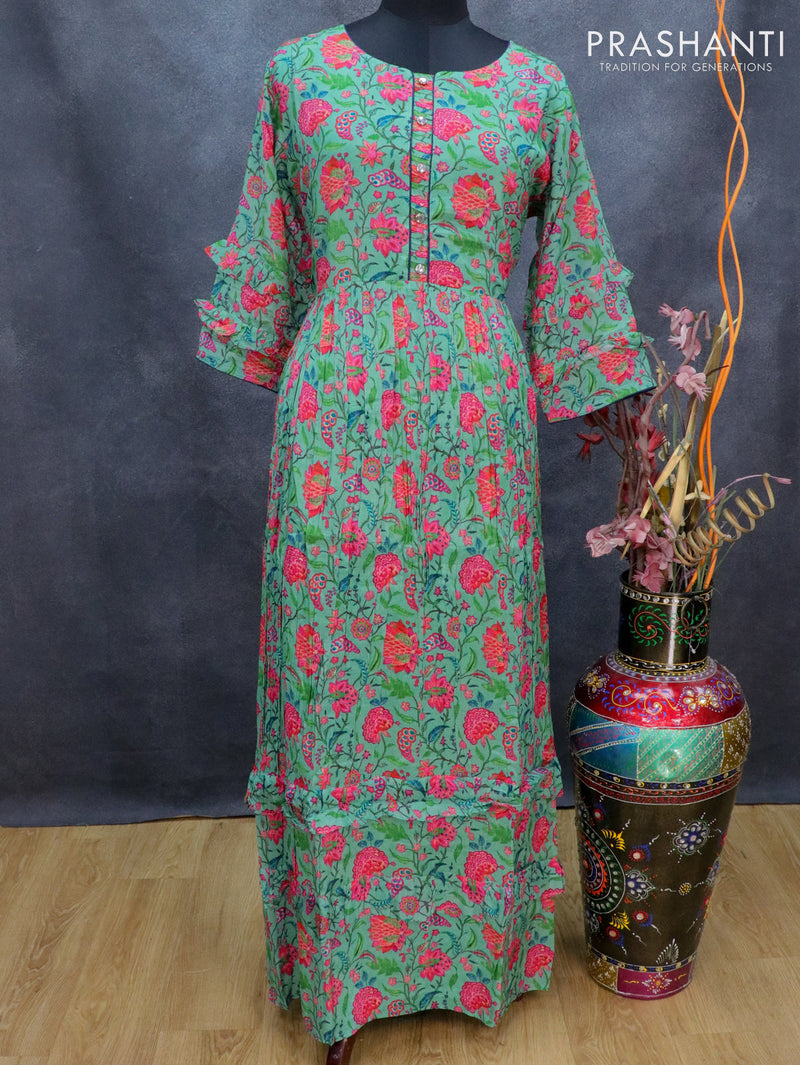 Muslin readymade floor length cancan dress teal green with allover floral prints & patch work neck pattern without pant