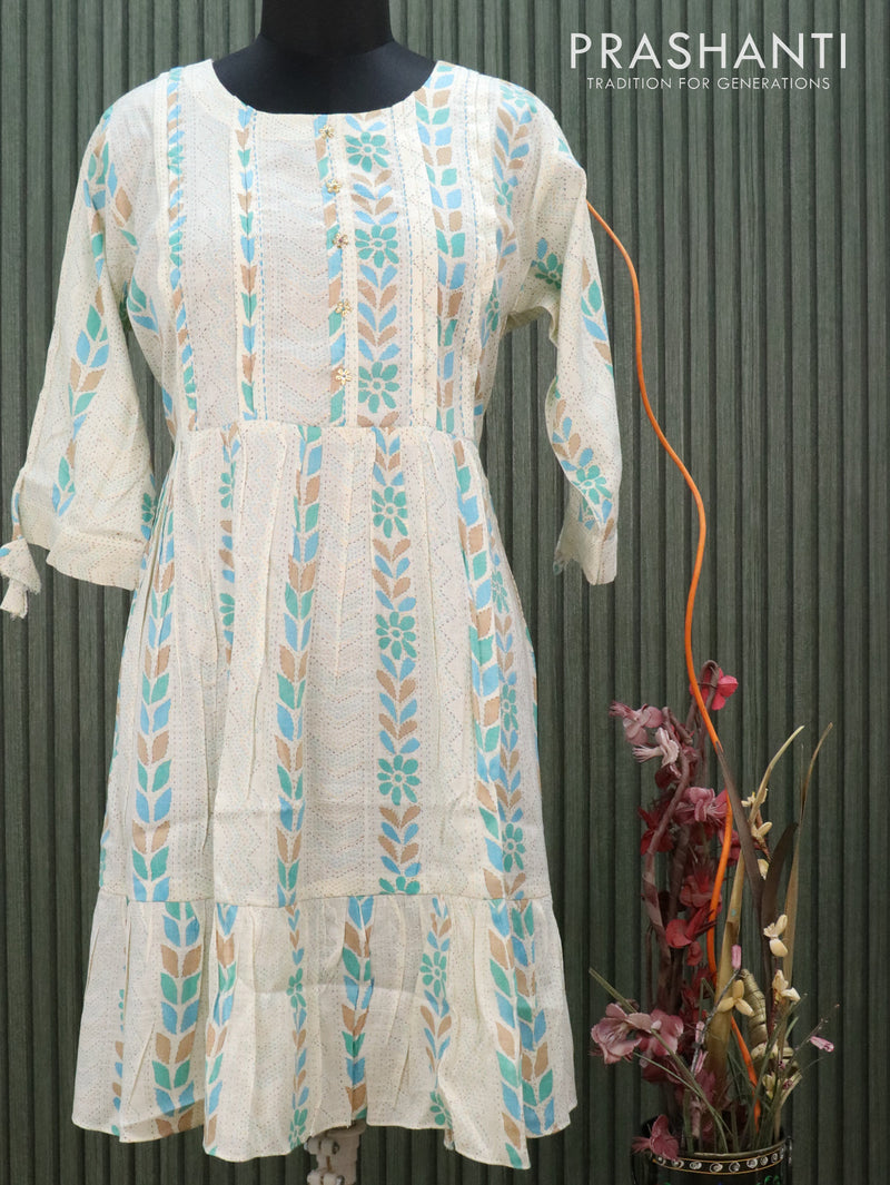 Slub cotton readymade kurti off white and teal blue with allover prints without pant