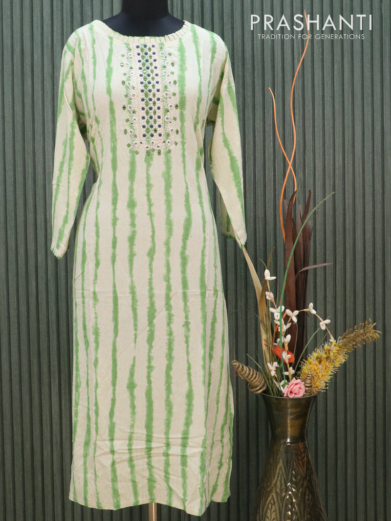 Modal readymade kurti cream and green with allover prints & embroidery mirror work neck pattern without pant