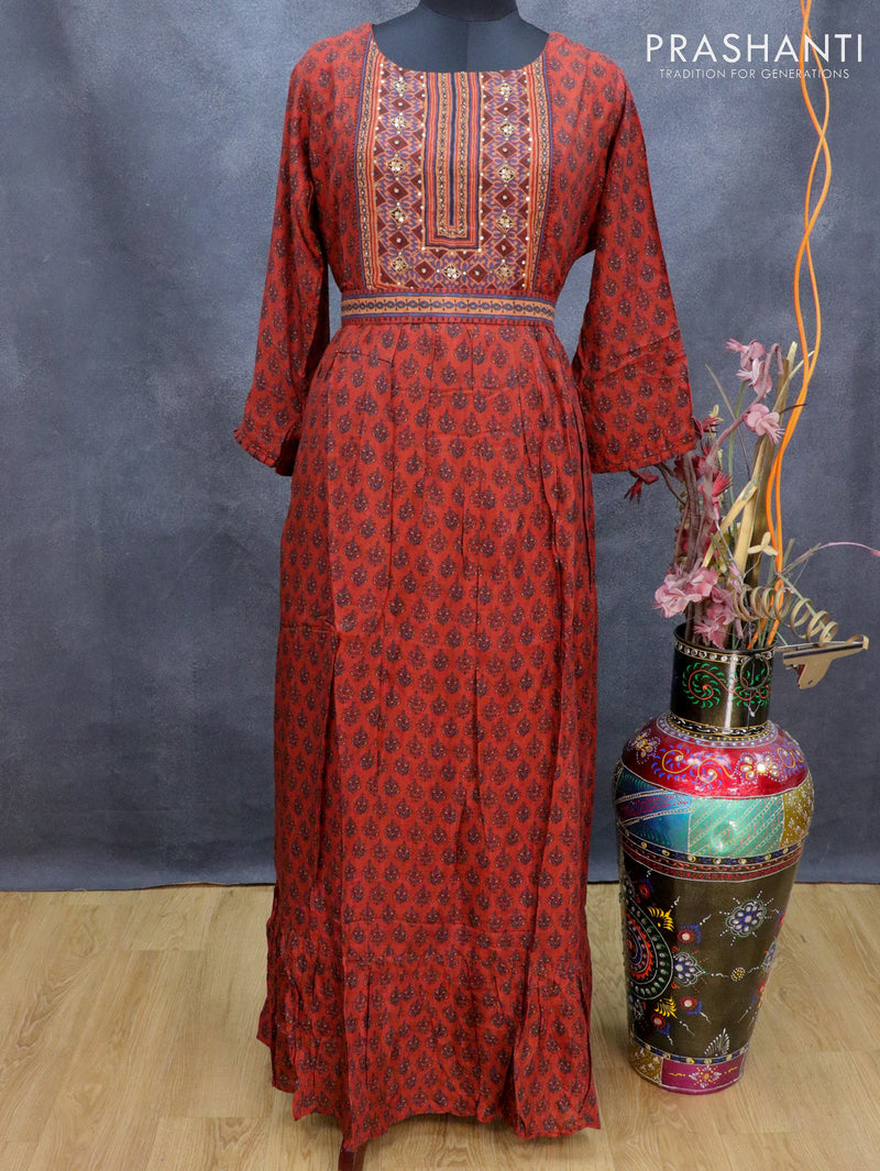 Muslin readymade floor length cancan dress rust shade with allover prints & chamki beaded neck pattern without pant