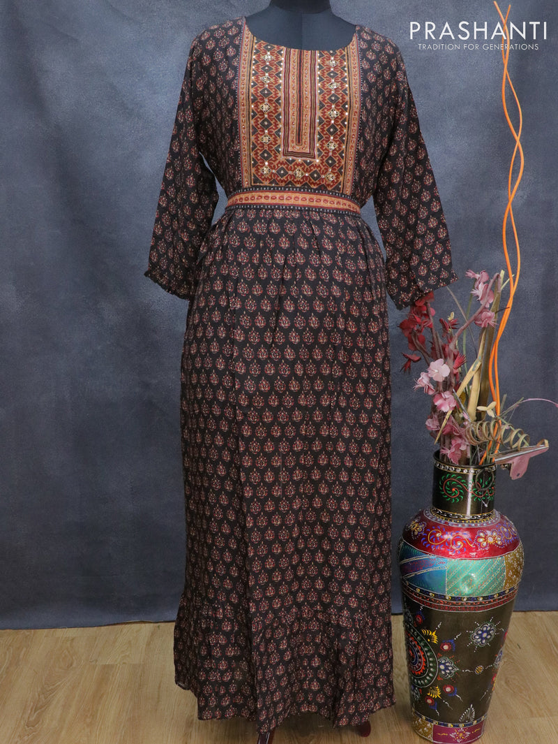 Muslin readymade floor length cancan dress black with allover prints & chamki beaded neck pattern without pant