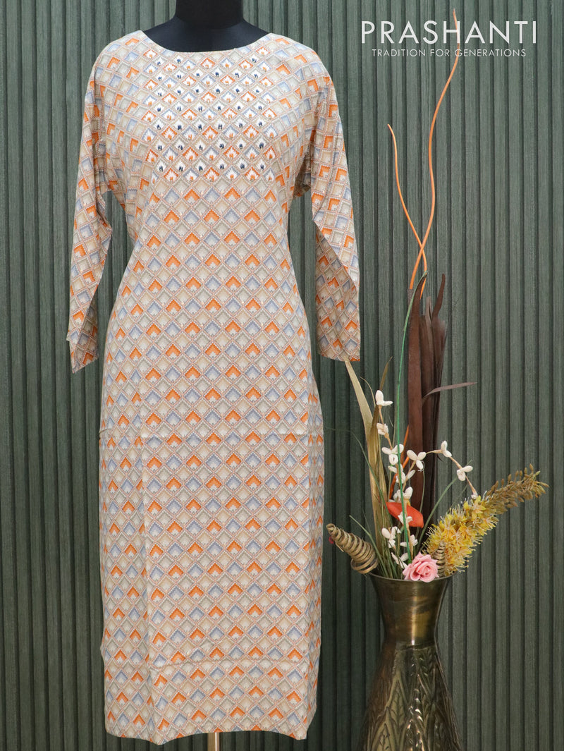 Modal readymade kurti pastel brown shade and orange with allover prints & embroidery neck pattern without pant