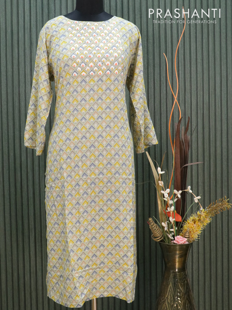 Modal readymade kurti yellow shade and brown with allover prints & embroidery neck pattern without pant