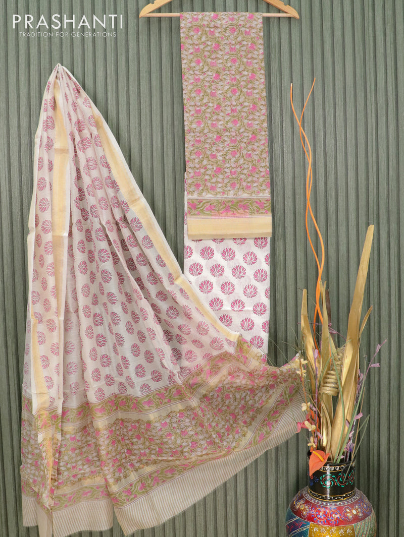 Pure chanderi dress material beige and off white with allover floral prints and maheshwari border