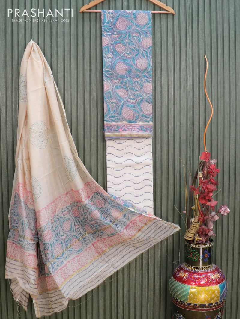 Pure chanderi dress material grey and off white with allover prints and printed dupatta